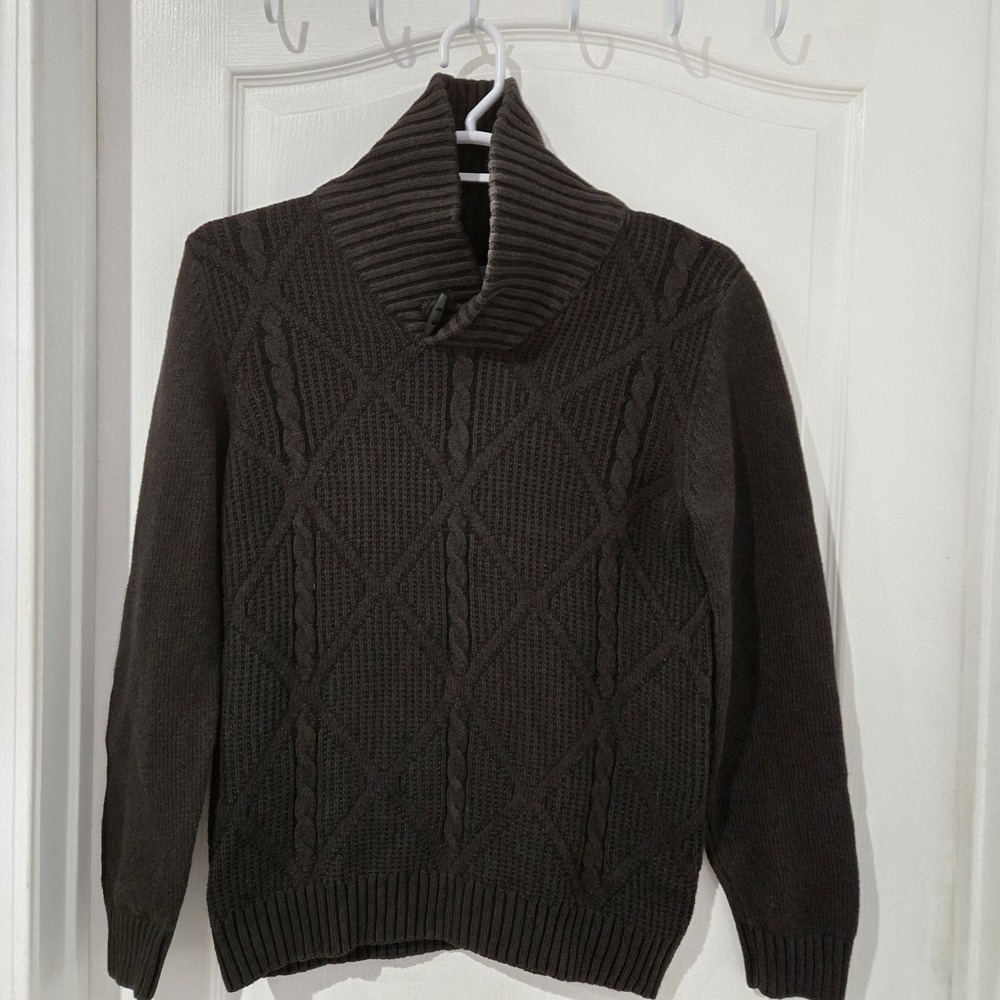 Mens Method Dark Brown Cable Knit Sweater Large  Shawl Collar Academia Classic